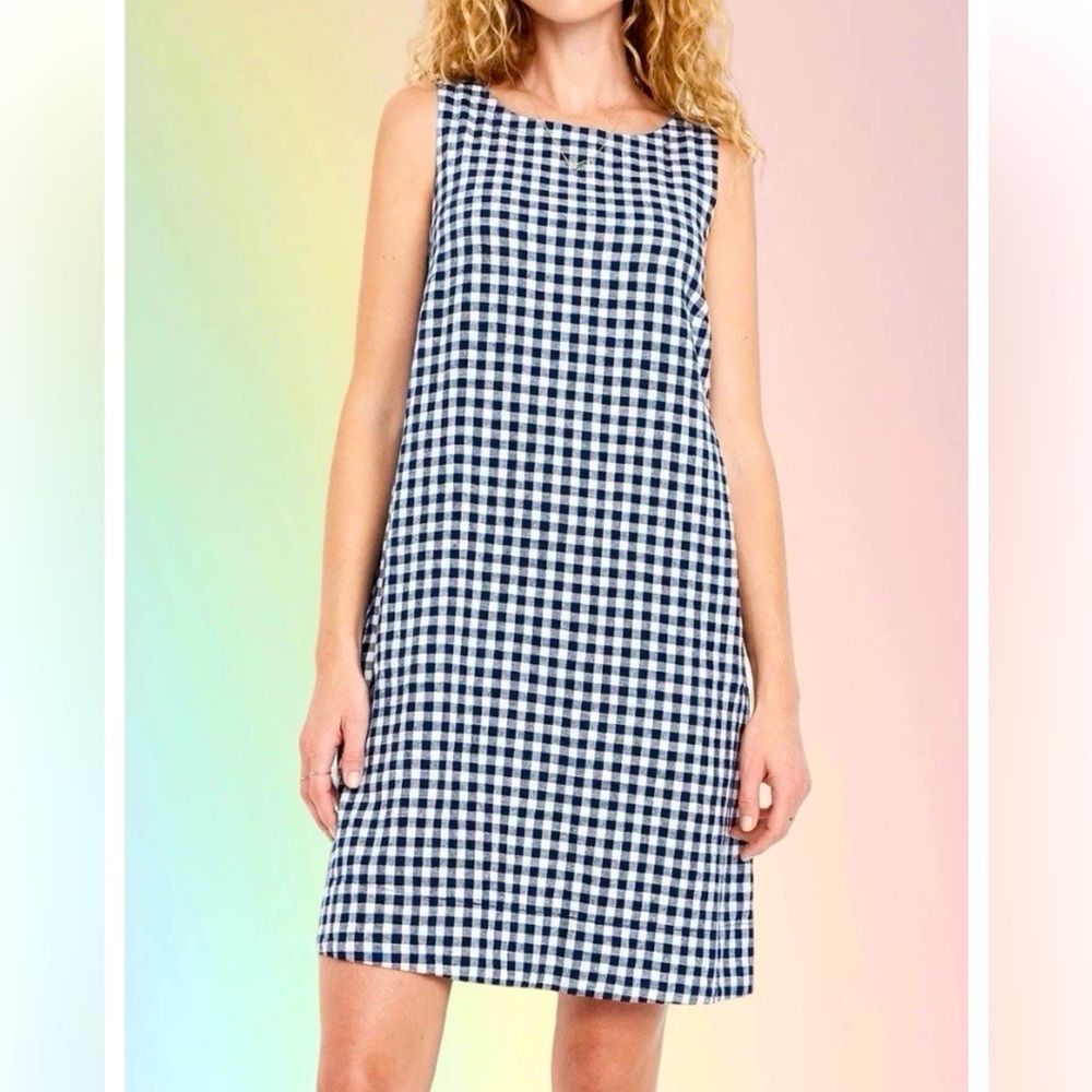 NWTSđGAP OLD NAVY XLđSLEEVELESS BOATNECK LINEN BLUE GINGHAM DRESS KEYHOLE BACK - Picture 13 of 15